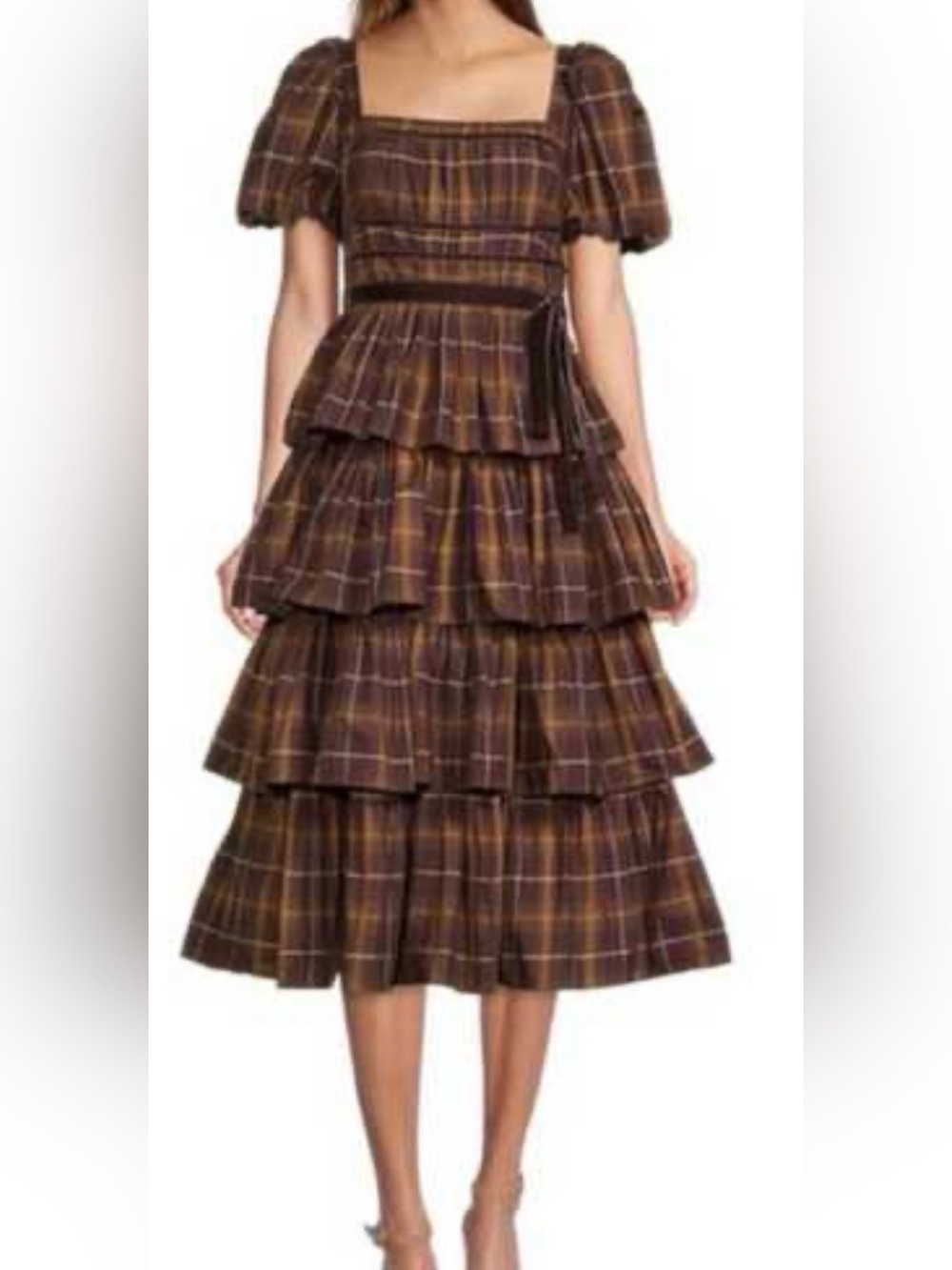 NWT ANTONIO MELANI Brown Plaid Tiered Midi Dress size 0